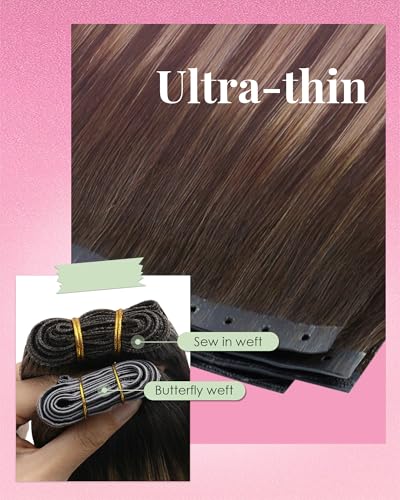 Image of YoungSee 22 Inch Butterfly Weft Hair Extensions Balayage, 100g Long Straight Human Hair Butterfly Weft Extensions, Dark Brown Mix Light Blonde Balayage, Soft Remy Hair PU Hole Wefts Add Hair Length