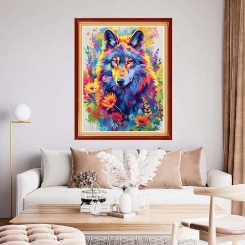 Image of Funchey Stamped Cross Stitch Kits, DIY Cross Stitch Pattern for Adults Beginners Needlepoint Kits Embroidery Kit Arts and Crafts 11CT-Colorful Wolf 16x20 inchs