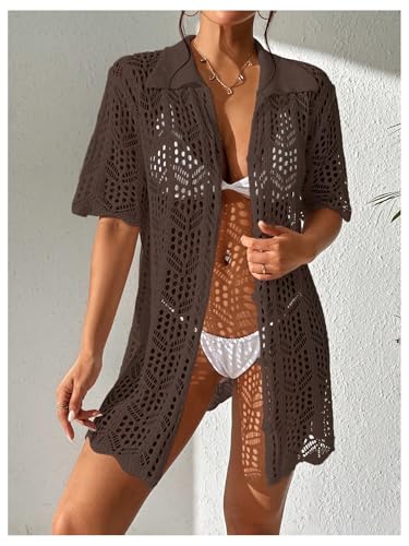 Image of GORGLITTER Women's Crochet Swimsuit Coverups Dress Button Down Short Sleeve Beach Vacation Summer Cover Up Dresses 2025