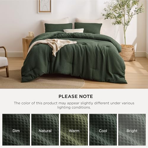 Image of Bedsure King Bed Comforter Set Oliver Green, Waffle Breathable Bedding Set, All Season Comforter with 3 Pieces, 1 Waffle Weave Comforter (104 inchx90 inch) and 2 Pillowcases (20 inchx36 inch)