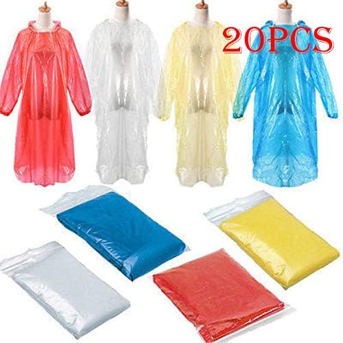 Disposable Rain Ponchos,Amiley 20Pcs Disposable Adult Emergency Waterproof Dustproof Protective for Men Women Rain Coat Poncho Hiking Camping with Hood (multicolor)