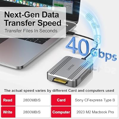 قارئ بطاقات CFexpress 4.0 Type B بسرعة 40 جيجابت في الثانية - قارئ USB4 CF Express، قارئ بطاقات ذاكرة CFexpress Type B، محول بطاقة ذاكرة محمول من الألومنيوم، قابل للتوصيل والتشغيل، متوافق مع الكاميرات وأجهزة الكمبيوتر المحمولة والأقفاص