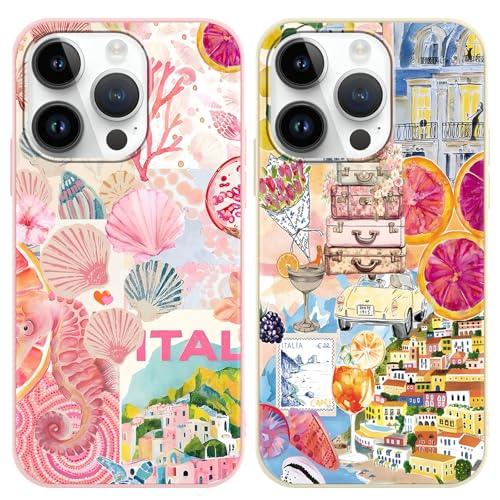 Vxinvnoi 2 Pièces Coque pour iPhone 13 Pro, Aesthetic Collage Fleurs Fruit Été Motif Étui Fille Dessin Case, Souple Silicone Mince TPU Antichoc Protection Housse Cover pour iPhone 13 Pro 6,1", Rose