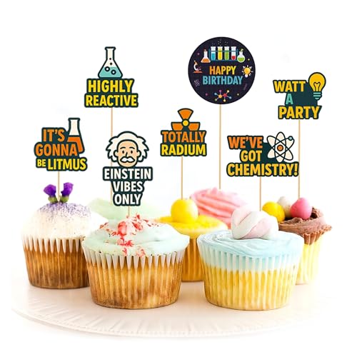Image of Just Party Science Theme Happy Birthday Cake Topper & Birthday Props for Kids | STEM Cake Toppers for Cake Decoration & Photo Props / Muffin Toppers | Set of 6 Props + 1 Topper