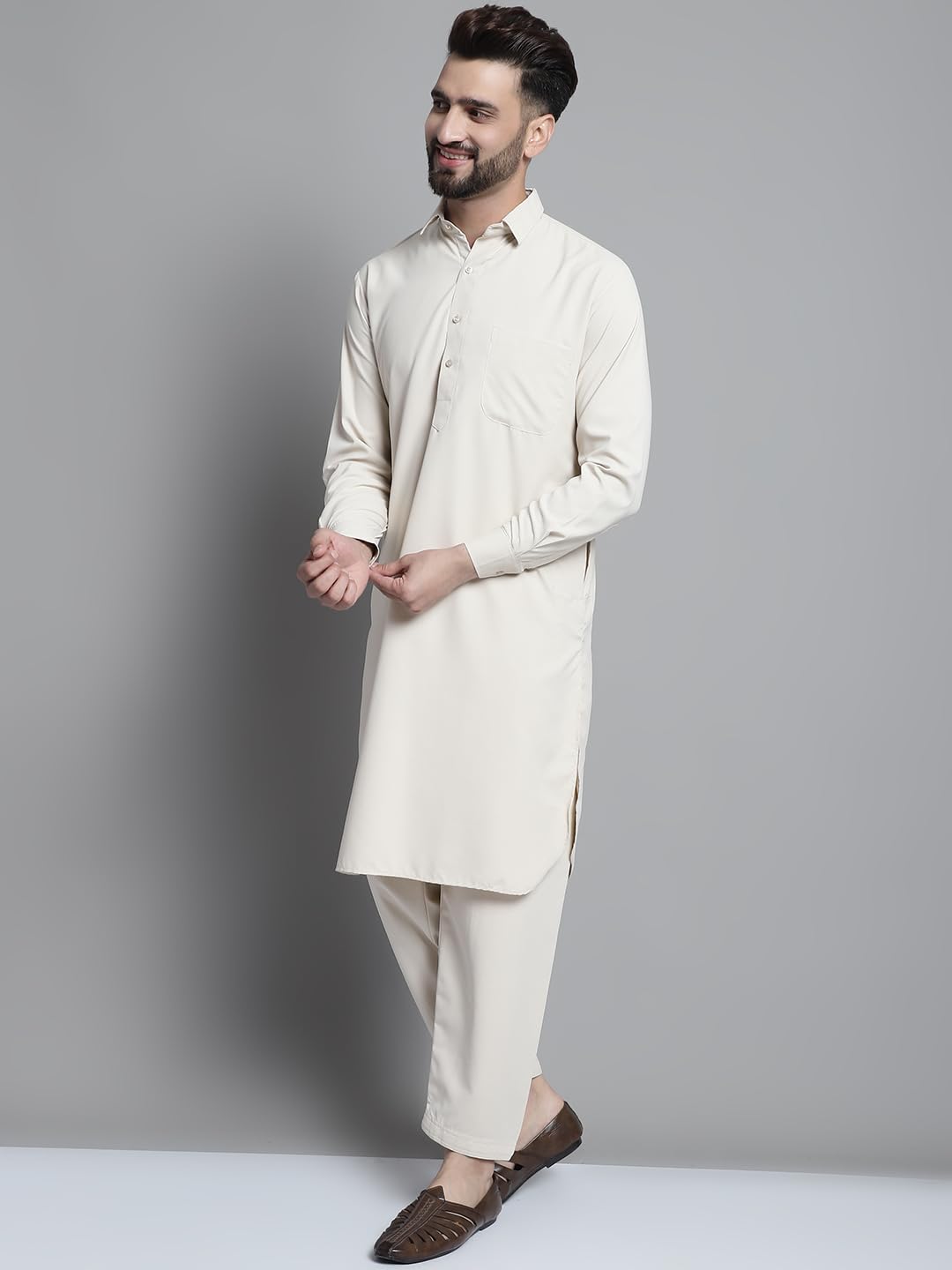 Jompers Men's Cotton Solid Pathani Kurta With Salwar (Cream, M)
