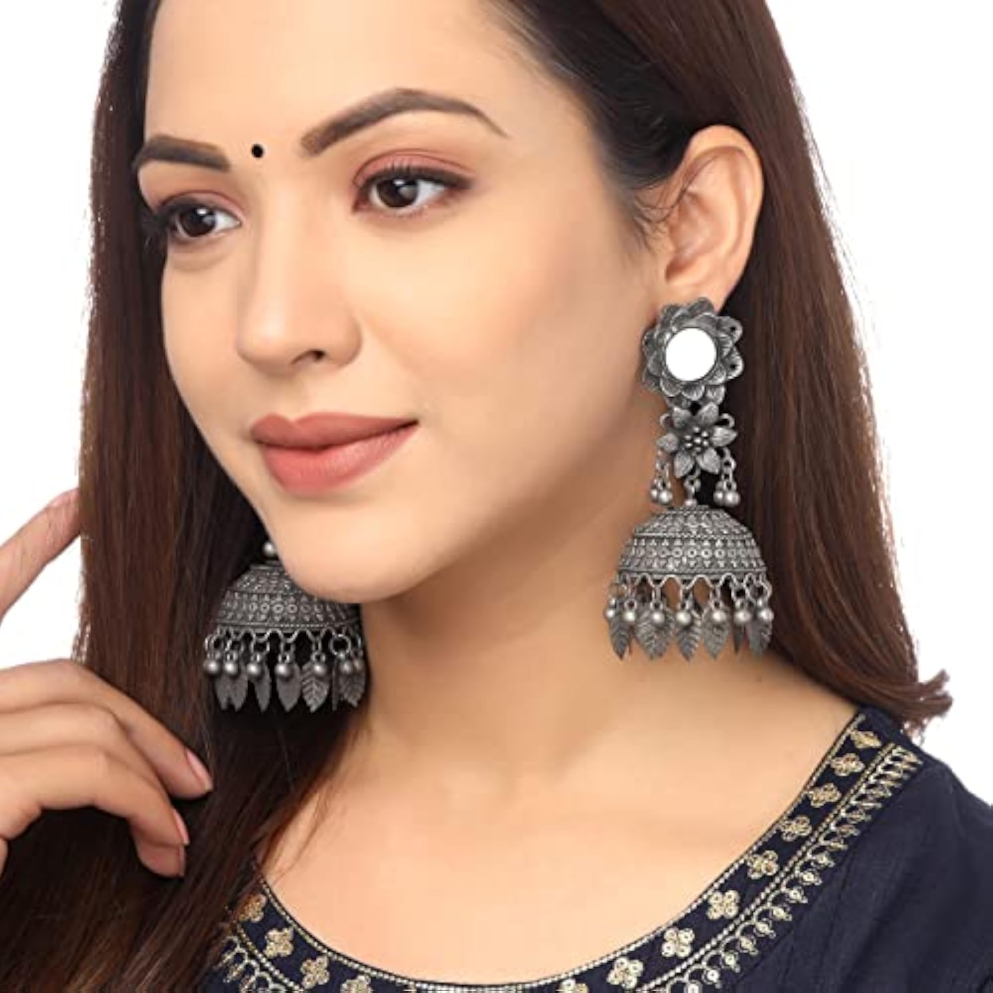Traditional Silver Oxidised Jhumka German Floral Big Jhumki Earrings
