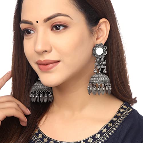 Traditional Silver Oxidised Jhumka German Floral Big Jhumki Earrings