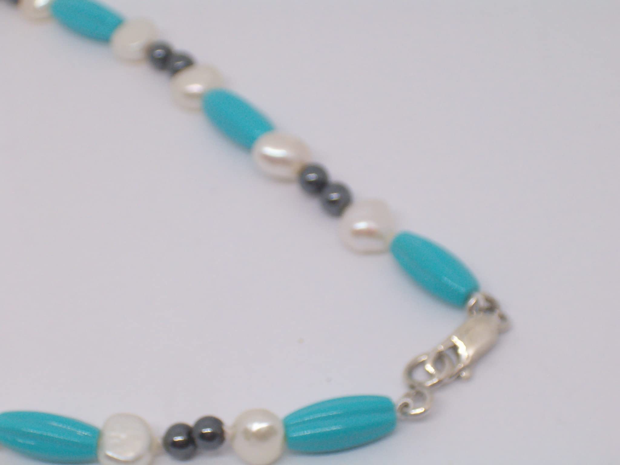 Collana in Neolite (Pasta di Turchese ricomposto), Perle e Pirite Naturali - Chiusura con Moschettone in Argento 925 - Girocollo con Pietre Dure