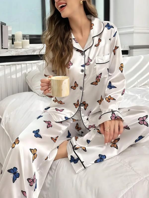 Image of Night Suit for Women with Full Sleeve Button-Down Top with Pant Dress for Woman, Cotton Night Dress for Woman, Two-Piece Loungewear Set