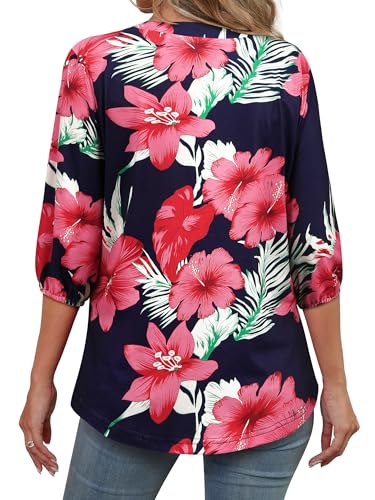 Womens 3/4 Sleeve Hawaiian Shirts V Neck Summer Floral Printed Shirt Casual Buttons Down Soft Tunic Tops4