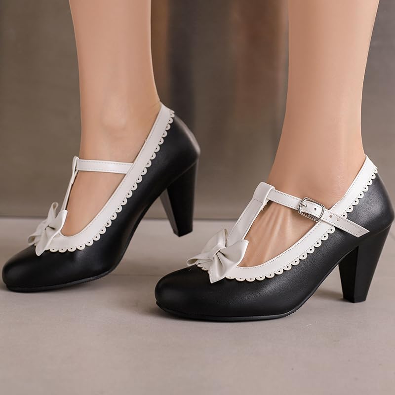 Image of Elbslutt Women's Cute Retro Rockabilly Shoes T Strap Mary Janes Heels Chunky Cosplay Shoes Sweet Block Heeled Bow Pumps