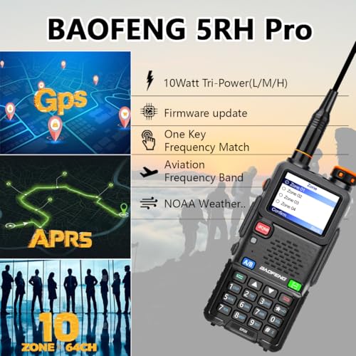 Image of BAOFENG BF-5RH PRO GPS /APRS 10Ｗ Ham Handheld Radio, Multi-Band Long Range Two-Way Radio with 18.89'' Tactical Antenna, Aviation /VHF /UHF / 1.25m Scanner, NOAA 5RM Walkie Talkies Type-C Charging,2 Pack