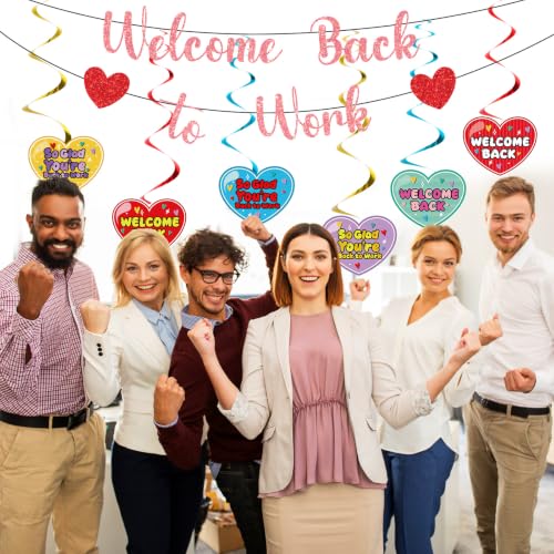 Image of Welcome Back To Work Decoration Banner So Glad You're Back To Work Banner and Hanging Swirls for Office Party Supplies - Rose Gold