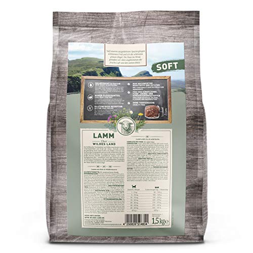 Wildes Land - Halbfeuchtes Trockenfutter für Hunde - Lamm - 1,5 kg -Soft mit Reis und Wildkräutern - Glutenfrei - Extra viel Fleisch - Für alle Hunderassen - Beste Akzeptanz