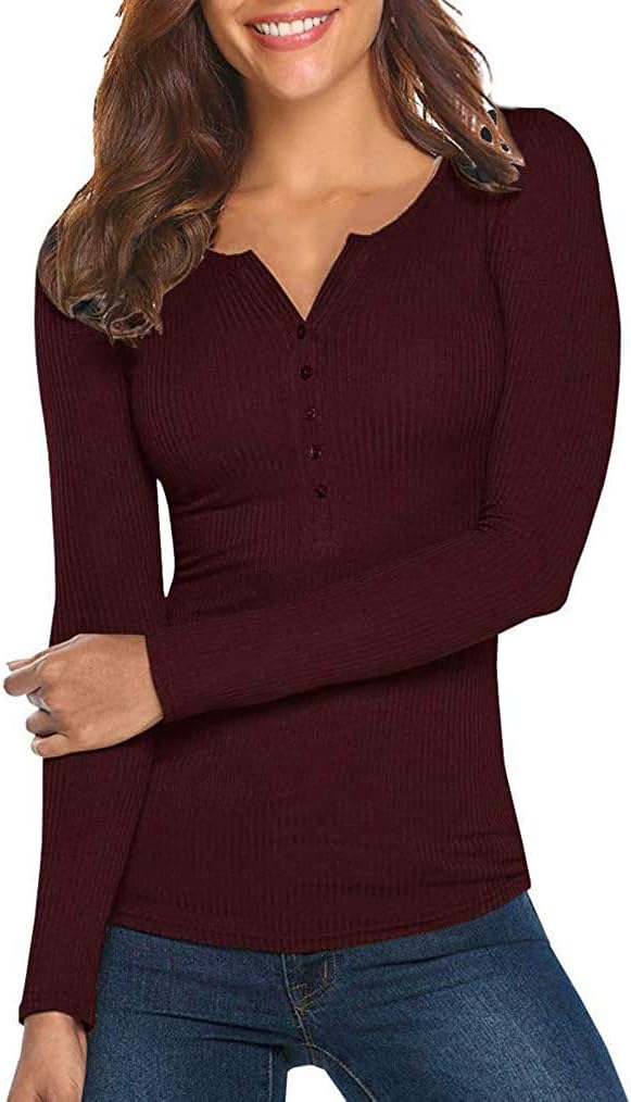 Tobrief Women's Henley Shirts Long Sleeve V Neck Ribbed Button Down Knit Sweater Fitted Tops