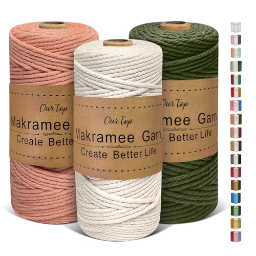 OurTop Premium Makramee Garn 3er Set, 3mm x 100m Macrame Cord Makramee Schnur Makramee Kordel, Garn für DIY Handwerk, Weben Dekoration, Hängepflanze Pflanze Aufhänger(Natur, Dunkelrosa, Armeegrün)