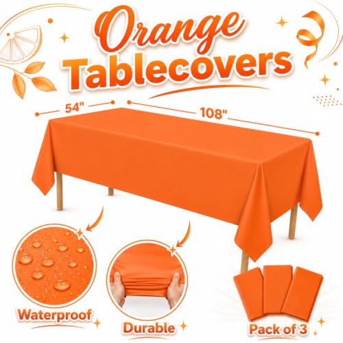 Image of Blue Orchards Orange Plastic Table Cover (Pack of 3 with 20 Glue dots) - 54 inch x 108 inch - Waterproof & Disposable Tablecloth for Halloween, Autumn Decoration, Thanksgiving, Birthday Party Supplies