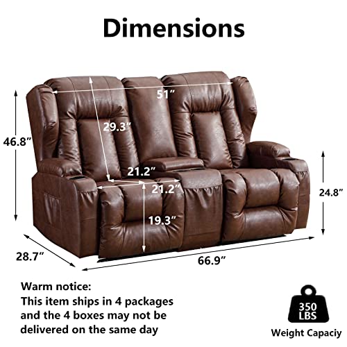BINGTOO Home Theater Seating 67” RV Recliner Double Recliner Loveseat Manual Recliner Leather Recliner Loveseat Reclining Sofa with Console Slate, Cup Holder, Side Pocket