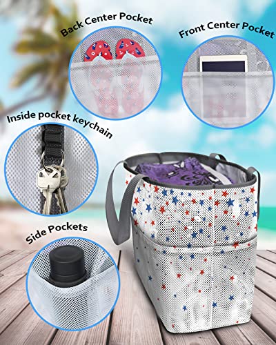 4th of July Beach Tote Bag for Women, Falling Blue Red American Flag Mesh Beach Bags Waterproof Sandproof, Outdoor Picnic Swim Pool Handbag - Large Beach Bag with Zipper and Pockets4