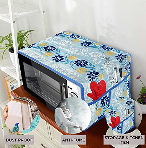 Image of Polyester 3-Layered Microwave Oven Top Cover With 4 Utility Pockets Suitable for Upto 30 Liter (Color- Blue, Size-36x14 Inches)