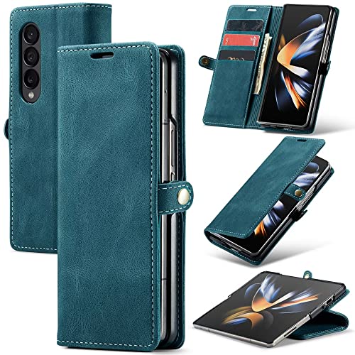 Coque Samsung Galaxy Z Fold 4 en cuir PU bleu avec porte-carte et béquille antichoc
