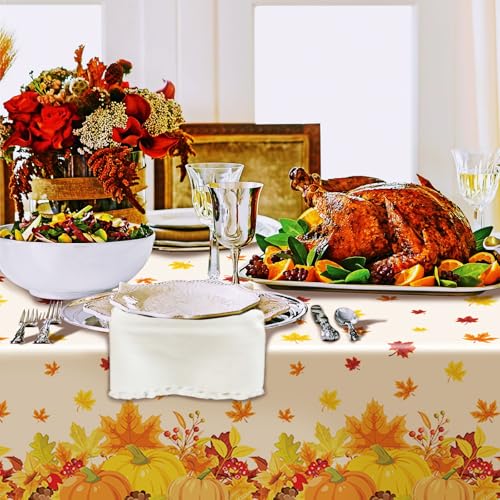 Image of 3-Piece 54 x 108 Inch Fall Harvest Plastic Tablecloth - Autumn Maple Leaves Disposable Rectangle Table Cover for Thanksgiving Day Parties, Dinners, and Celebrations, Indoor Outdoor Table Decorations