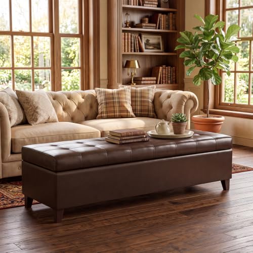 Image of 51 inch Dark Brown Leather Storage Ottoman for Living Room