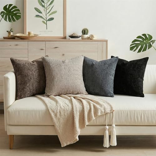 LZYGK Neutral Set of 4 16x16 Inch Chenille Throw Pillow Covers, Soft Decorative Couch Pillow Covers, Solid Square Cushion Cases for Sofa Bed Living Room Home Decor (Light Brown, Brown, Navy, Black) by LZYGK - Image 2