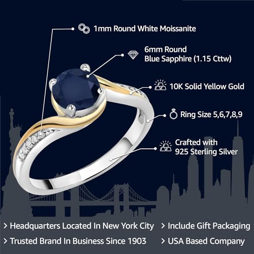 Gem Stone King 925 Sterling Silver and 10K Yellow Gold Round Blue Sapphire and White Moissanite Women Engagement Ring (1.15 Cttw, Gemstone Birthstone, Available In Size 5, 6, 7, 8, 9)2