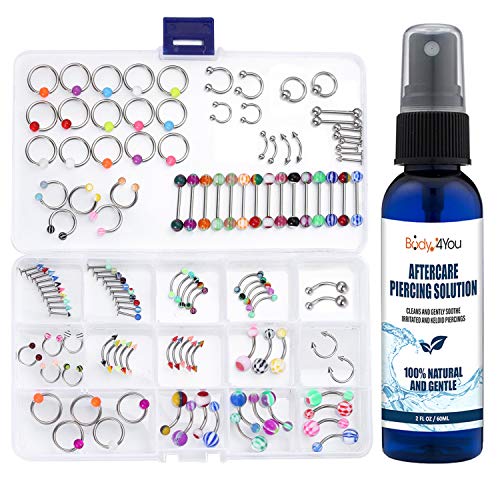 BodyJ4You 120PC Body Piercing Jewelry Aftercare Saline Spray 14G 16G Belly Ring Tongue Nose Tragus Lip Eyebrow Steel