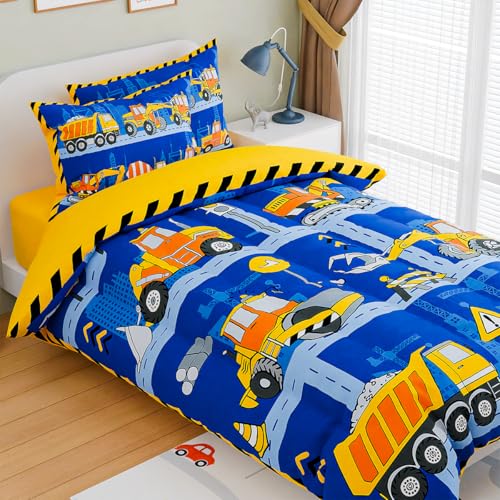 Image of SANDJEST Construction Bedding Sets for Boys, Ultra Soft Microfiber Comforter Bed Set with 3-Pieces, Comforters Sets for Kids Children Boy Bedroom Decor