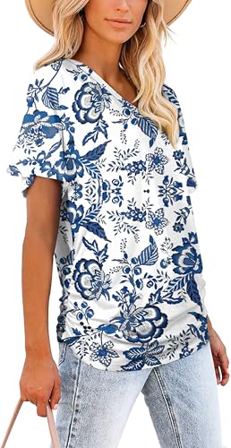 Image of WIHOLL Womens Summer T-Shirts Short Sleeve V Neck Dolman Tops with Side Shirring Loose Fit Shirts Spring Fashion