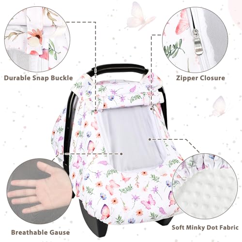 Image of Pea Pod Car Seat Cover Baby, Infant Car Seat Canopy Covers with 2 Layers Windows of Breathable Mesh Fabric, Lightweight Polyester, Soft Minky Dot Backing (Butterfly Pattern)