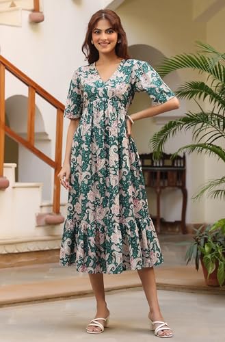 Image of Janasya Women's Pure Cotton Floral Printed Tiered Dress