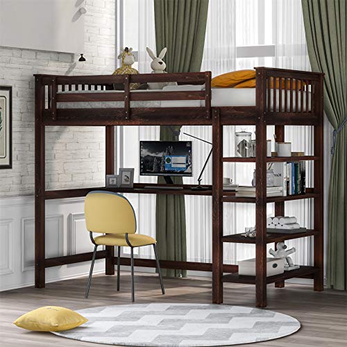Image of Harper & Bright Designs Twin Loft Bed with Desk and Storage Shelves, Wood Loft Bed with Ladder, for Kids, Teens, Adults (Espresso)