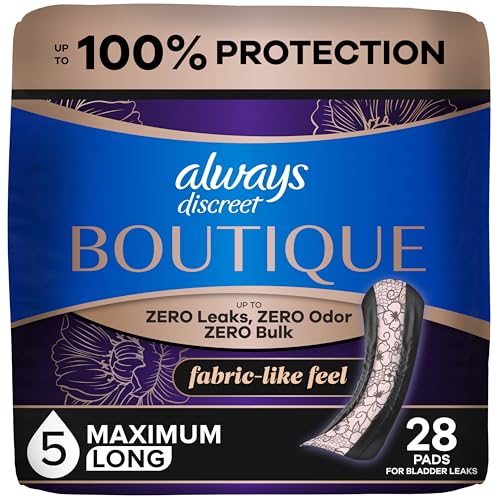 Always Discreet Boutique Adult Incontinence Bladder Leak Pads for Women Maximum Absorbency Long Length Up to 100% Bladder Leak Protection 28 Count