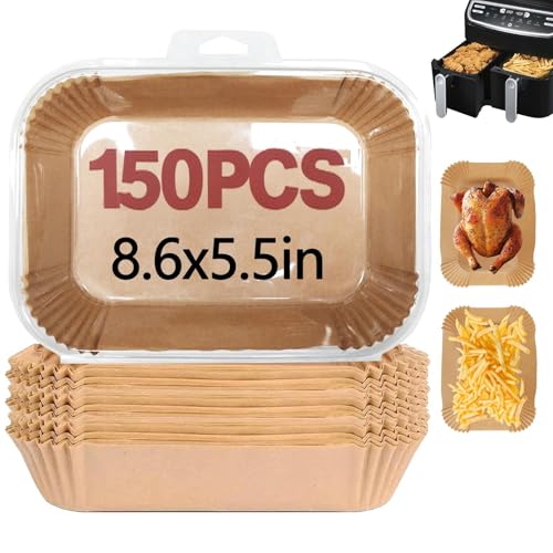 Image of 150PCS Air Fryer Liners for Ninja, 8.6 x 5.5 inch Disposable Air Fryer Paper Dual Basket, Non-Stick Unbleached Parchment Paper Baking Accessories Liners for Natural Ninja DZ201 DZ401