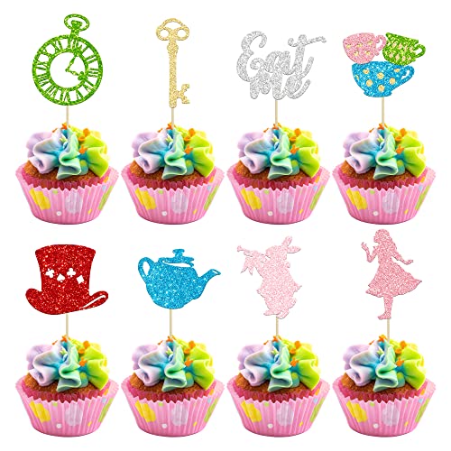 Gyufise Lot de 24 décorations de cupcakes Alice au pays des merveilles - Bol à paillettes - Horloge à clé - Décoration de gâteau pour fête prénatale - Fournitures de fête d'anniversaire