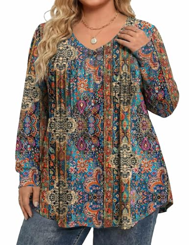 Image of IN'VOLAND Womens Plus Size Shirts V Neck Puff Long Sleeve Tops | Loose Fit, Dressy Casual Blouse, Pleated, Fall Outfits, Business Work TShirts, Basic Tees