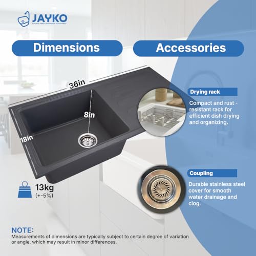 Image of JAYKO Quartz Acrylic Kitchen Sink for Modular Kitchen | Granite Finish, Scratch & Heat Resistant | Easy to Clean & Stylish Sink for Home (LI, 36x18in)