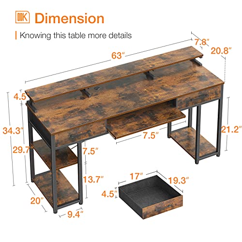 Odk Computer Desk, 63'' Office Desk With Keyboard Tray, Writting Desk With Drawers And Monitor Stand, Study Table With Cpu Stand And Removable Shelf For Storage, Rustic Brown(Vintage) #TOP2