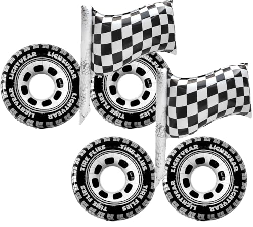 6 balões temáticos de corridas, balão de roda de carros, balões quadrados brancos e pretos de alumínio, decorações balões de aniversário festa tema Racing Tyres para crianças adultos
