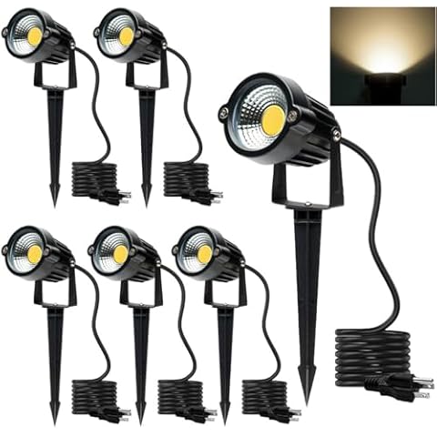 SHOYO Yard Spot Lights, Outdoor Spotlights Warm White 3000K Waterproof COB LED Landscape Lights Uplights with Spiked Stand for Lawn Yard Wall Frond Porch House, US 3-Plug, 6 Lights Cover