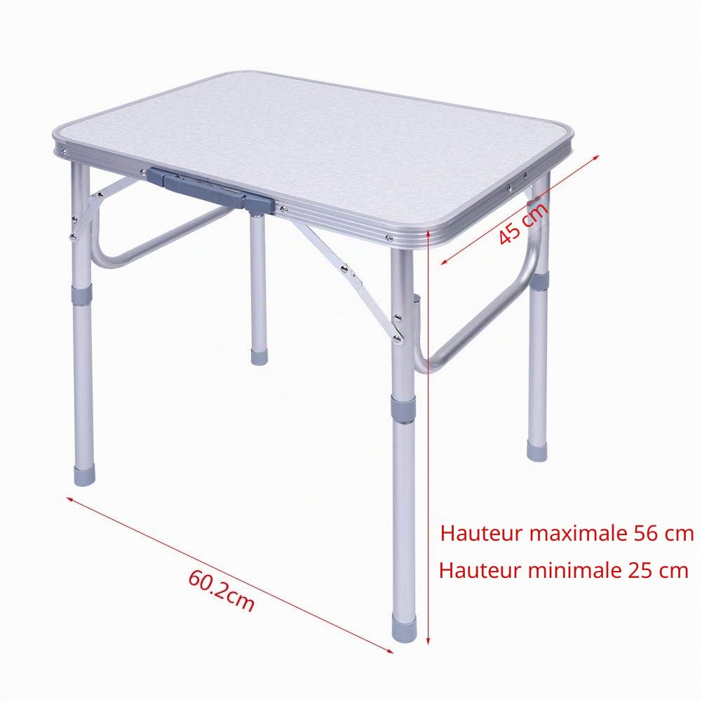 Dioche Table pliante de camping et de jardin, table de pique-nique avec poignée de transport, table de camping en aluminium, hauteur réglable de 25 à 56 cm