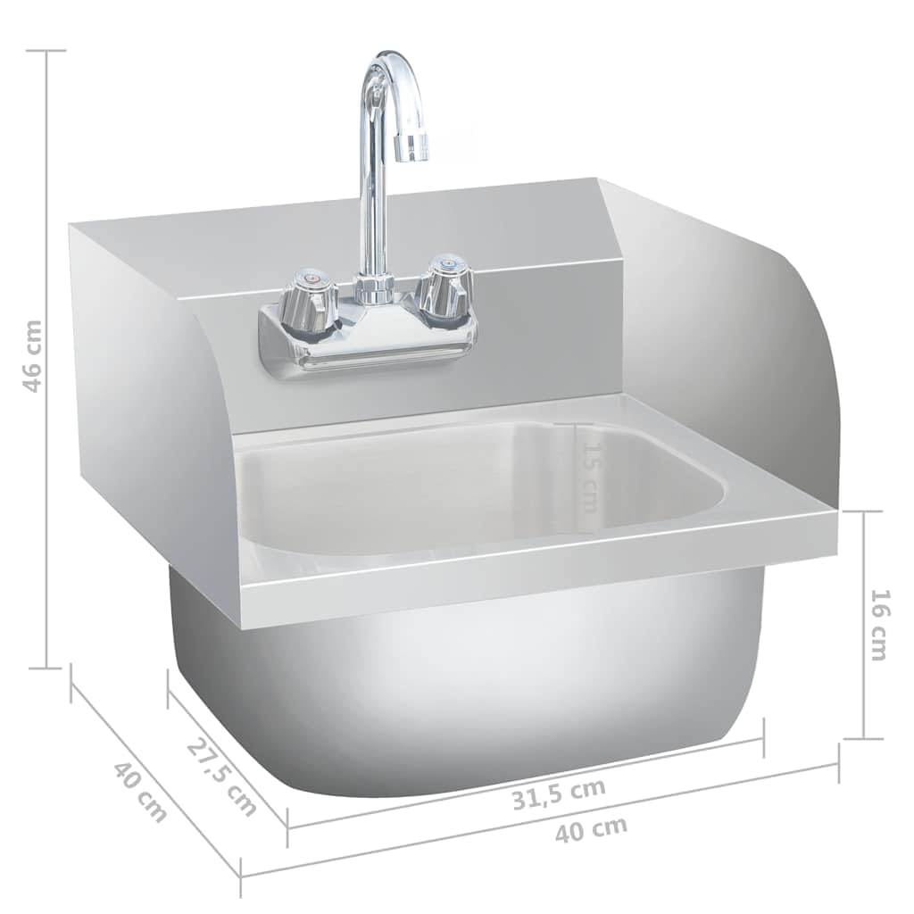 Lavabo a mano, in acciaio inox, con rubinetto e pannello