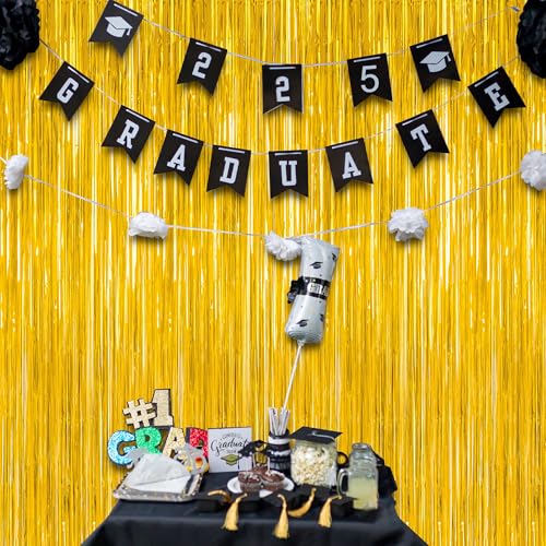 Image of 12 Pack 2026 Graduation Decorations, 3.28 FT x 7.05 FT Gold Backdrop Curtains, Metallic Class of 2026 Backdrop Fringe Curtains Foil Streamer, Gold Grad Decorations 2026 Party Supplies