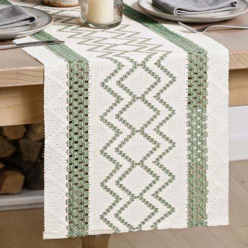 Artoid Mode Sage Green Stripe Diamond Woven Table Runner 12x60 Inch
