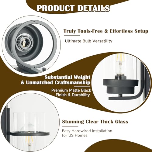 Image of Modern Farmhouse Black Wall Sconce,Glass Wall Light Fixture,E26 | Industrial hardwired indoor fixture,ideal for bedroom,hallway,bathroom and living room,modern style home decor with E26 base.