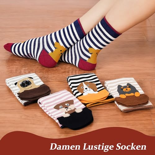 Niorasen Bunte Lustige Socken Damen aus Baumwolle 5 Paar, Neuheit Weihnachtssocken Katzensocken Motivsocken, Witzige Coole Süße Karikatur Tier Motiv Socken Geschenk für Frauen, Gestreifter Hund