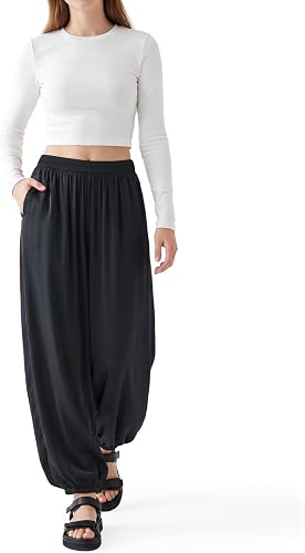 OctMoon Women's Chiffon Palazzo Pants: Flowy Wide Leg Harem Pants, Summer Beach Balloon & Lantern Style Lounge Pants